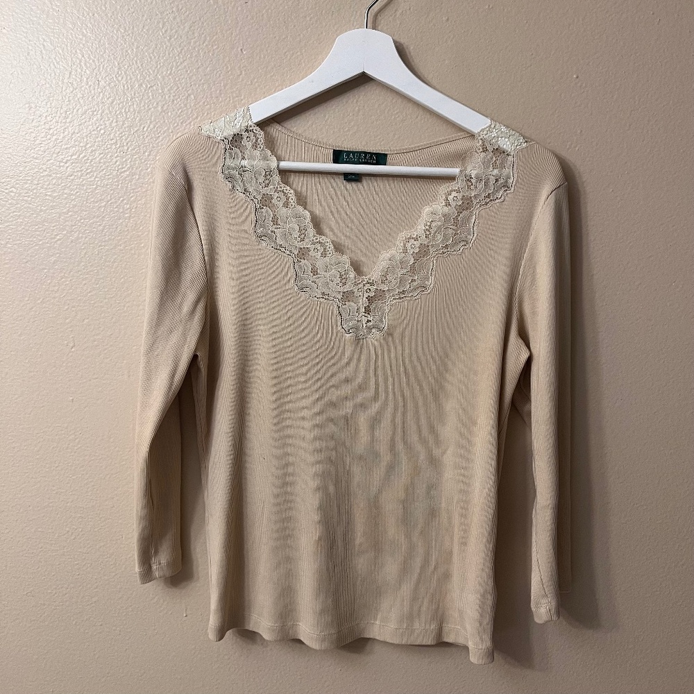 Lauren Ralph Lauren Women's Lace Trim Top 3/4 Sleeve Stretch Ivory Size L
